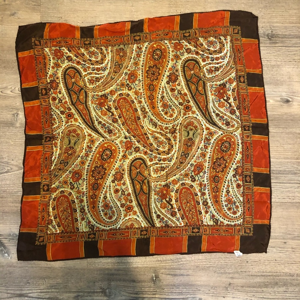 Vintage Baar & Beards Mixed Print Silk Scarf Tangerine Art Deco Red Brown